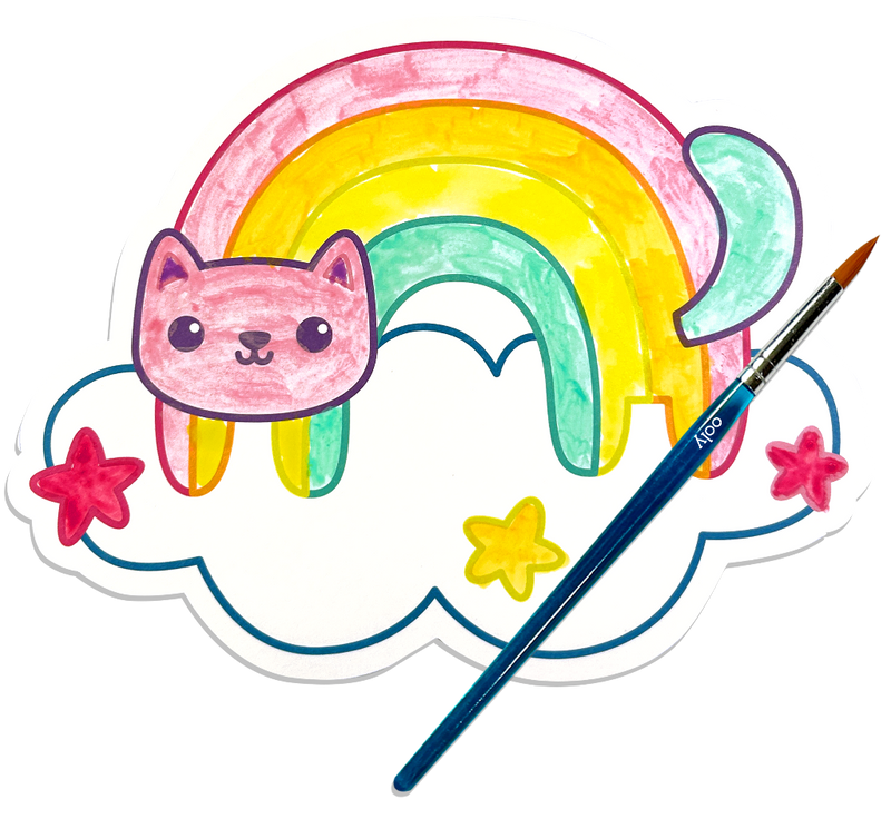OOLY watercolor kit showing painted rainbow cat on cloud with paintbrush on black background