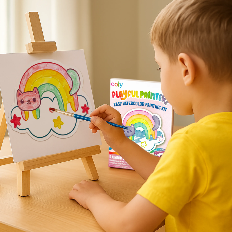 Child painting rainbow cat watercolor card on easel using OOLY Playful Painters kit