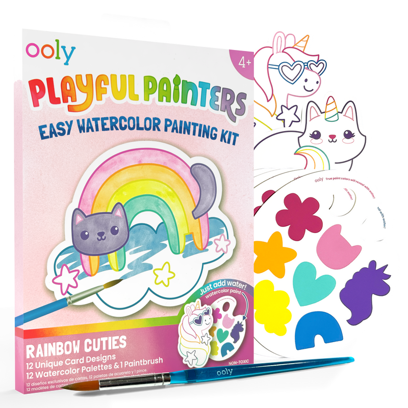 OOLY Playful Painters Rainbow Cuties watercolor kit with palette, cards, and paintbrush