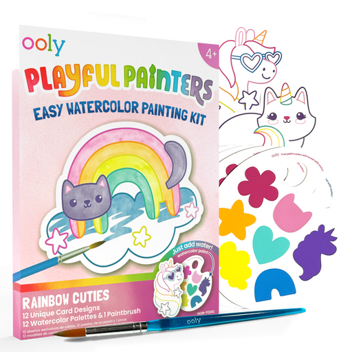 OOLY Playful Painters Rainbow Cuties watercolor kit with palette, cards, and paintbrush