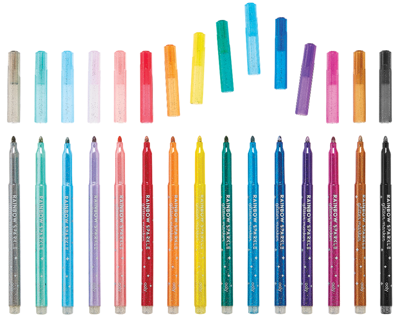 OOLY Rainbow Sparkle glitter markers set of 24 shown uncapped on black background