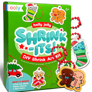 OOLY Holly Jolly Shrink-Its DIY shrink art kit with completed Christmas charm ornaments displayed