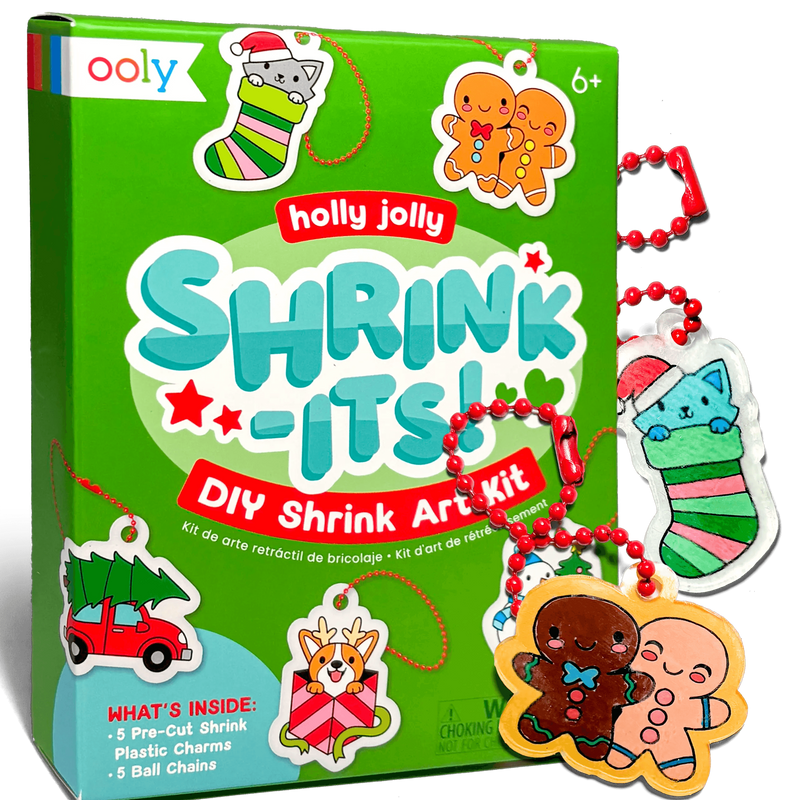 OOLY Holly Jolly Shrink-Its DIY shrink art kit with completed Christmas charm ornaments displayed