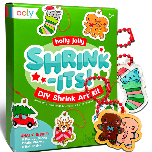 OOLY Holly Jolly Shrink-Its DIY shrink art kit with completed Christmas charm ornaments displayed