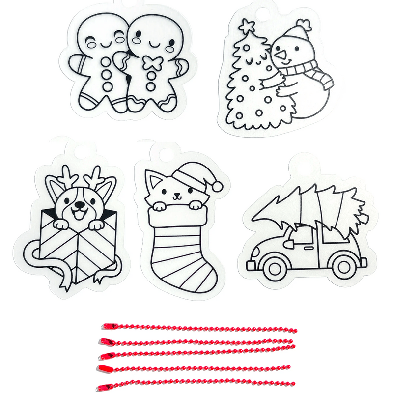 OOLY Mini Shrink-Its Holly Jolly set with five Christmas-themed shrink art ornaments and red bead chains