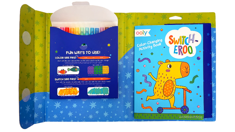 OOLY Switch-eroo Color-Changing Activity Kit opened showing markers and activity book
