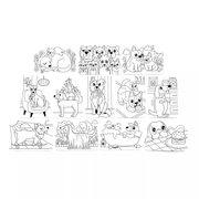 Black and white line art coloring book pages featuring various cute dogs and puppies