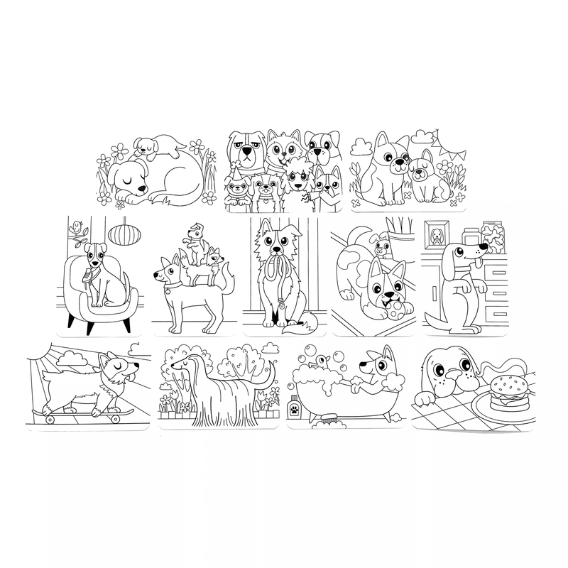 Black and white line art coloring book pages featuring various cute dogs and puppies