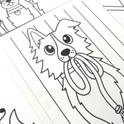 Close-up of OOLY Hidden Patterns dog coloring book page showing cute dog illustration