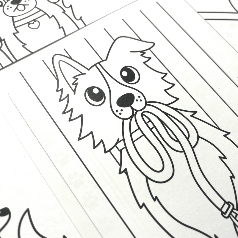 Close-up of OOLY Hidden Patterns dog coloring book page showing cute dog illustration