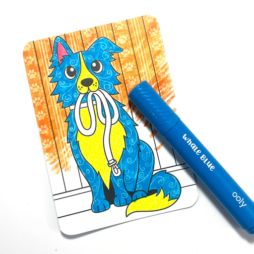 OOLY Hidden Patterns coloring card showing blue dog with marker