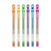 Six colorful scented gel pens with fruit designs and clear barrels showing colored ink