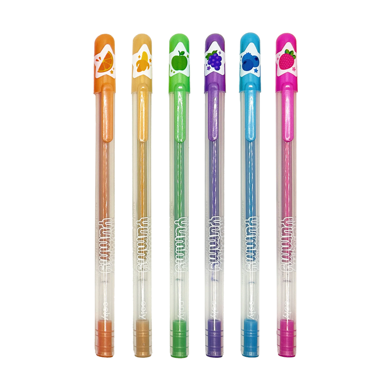 Six colorful scented gel pens with fruit designs and clear barrels showing colored ink