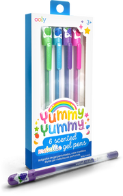 OOLY Yummy Yummy scented metallic gel pens 6-pack with colorful fruit-themed designs