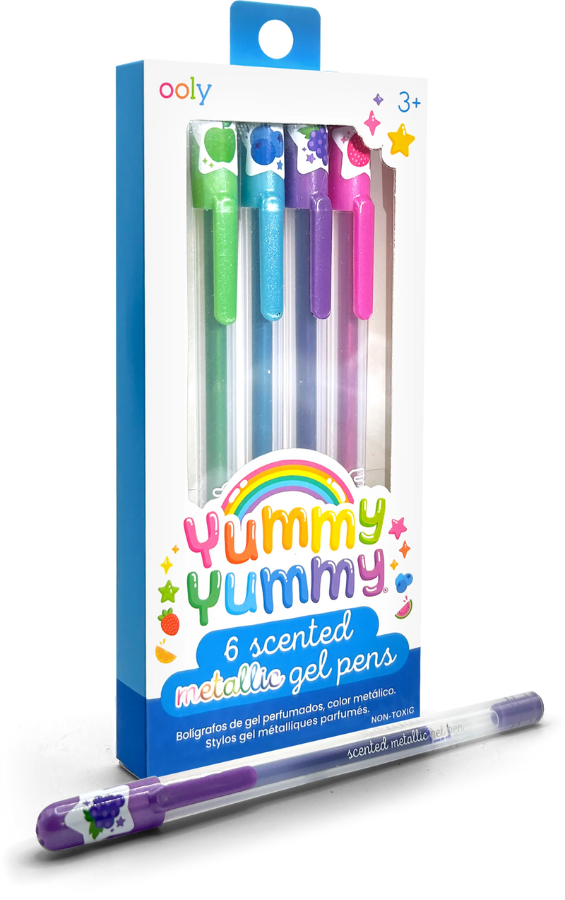 OOLY Yummy Yummy scented metallic gel pens 6-pack with colorful fruit-themed designs