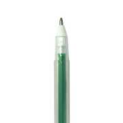 Green metallic gel pen with white body and clear barrel showing green ink