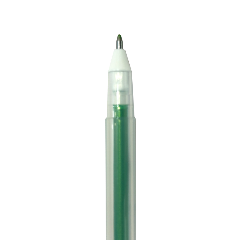 Green metallic gel pen with white body and clear barrel showing green ink