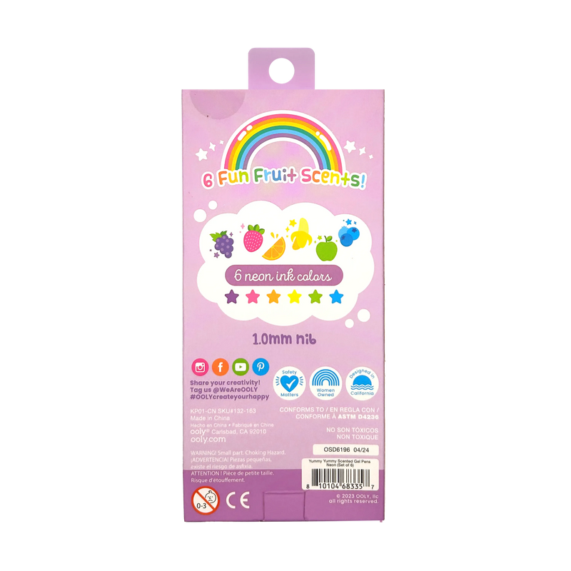 OOLY Yummy Yummy Scented Gel Pens packaging showing 6 fruit scents and neon colors