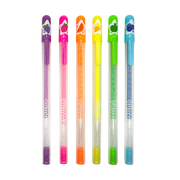 Six colorful scented gel pens with fruit designs in bright neon colors
