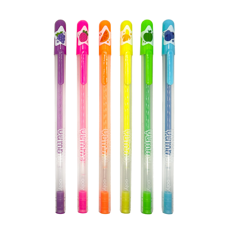 Six colorful scented gel pens with fruit designs in bright neon colors