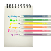 Six colorful scented gel pens with fruit names and icons displayed on white notepad