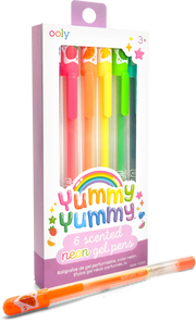 OOLY Yummy Yummy 6 scented neon gel pens in colorful rainbow packaging with one pen displayed
