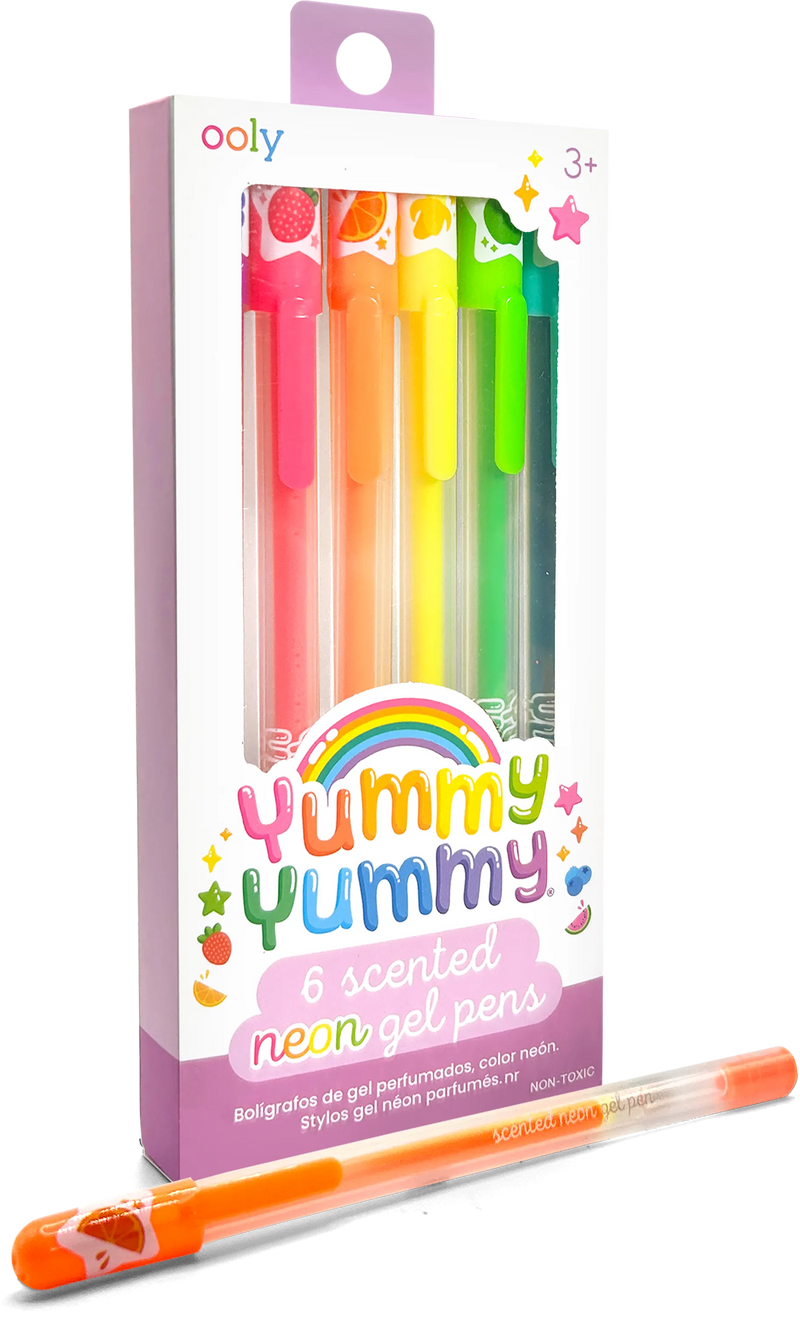 OOLY Yummy Yummy 6 scented neon gel pens in colorful rainbow packaging with one pen displayed