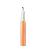 Single orange scented gel pen with clear barrel against black background