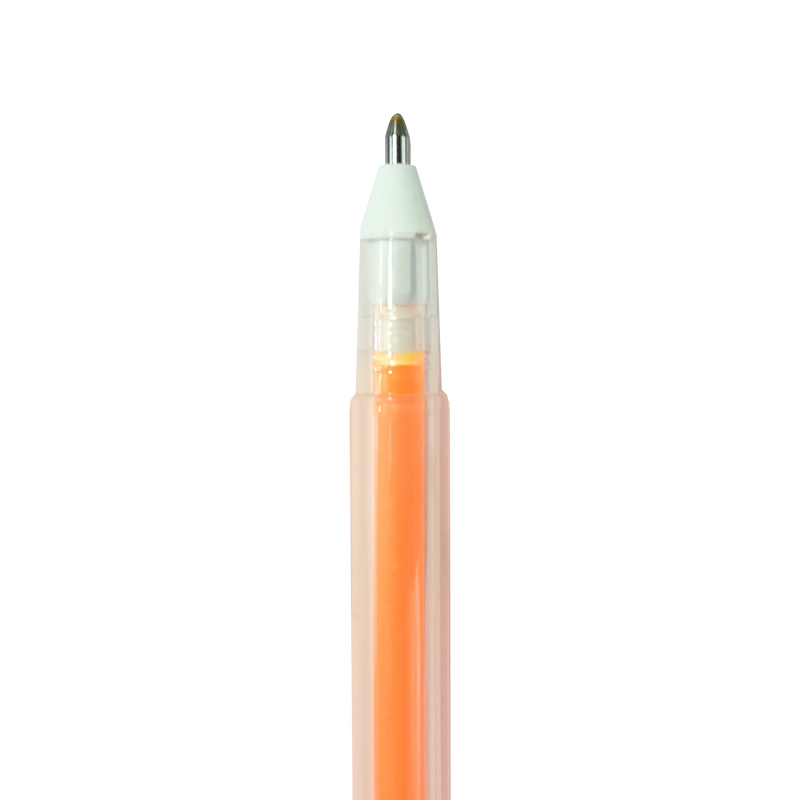 Single orange scented gel pen with clear barrel against black background