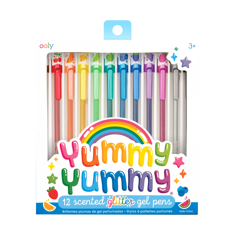 OOLY Yummy Yummy 12 scented glitter gel pens set in colorful rainbow packaging