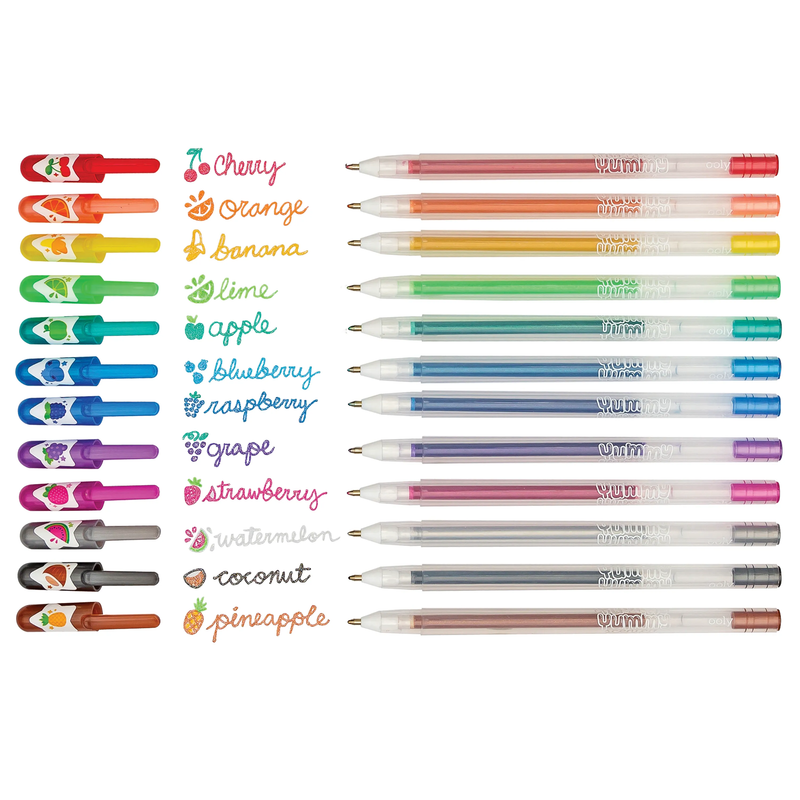 Collection of 12 colorful scented pens with fruit-themed names and matching caps on white background