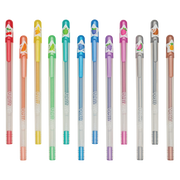 Set of colorful scented gel pens with fruit designs on caps arranged in row