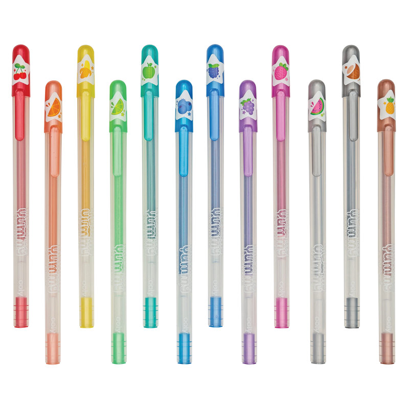 Set of colorful scented gel pens with fruit designs on caps arranged in row
