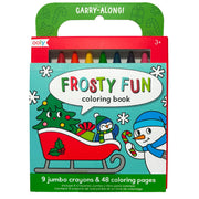 OOLY Frosty Fun Carry-Along coloring book in its retail packaging, featuring a festive Christmas illustration with a snowman, penguin, tree, and sleigh on a turquoise cover, with a green handle and visible multicolored jumbo crayons at the top.