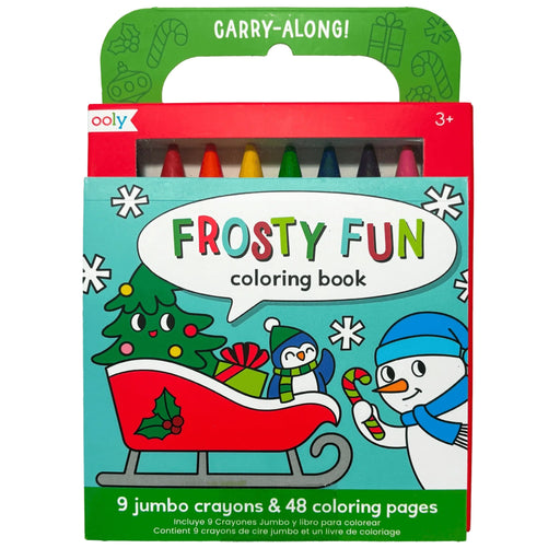 OOLY Frosty Fun Carry-Along coloring book in its retail packaging, featuring a festive Christmas illustration with a snowman, penguin, tree, and sleigh on a turquoise cover, with a green handle and visible multicolored jumbo crayons at the top.