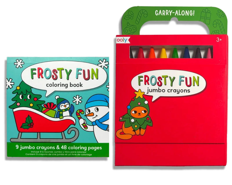 A children's holiday coloring set shown on a white background: a boxed 'Frosty Fun' coloring book with illustrated snowman and Christmas scene, next to a red carry-along crayon box labeled 'Frosty Fun jumbo crayons' with visible crayons through a window.