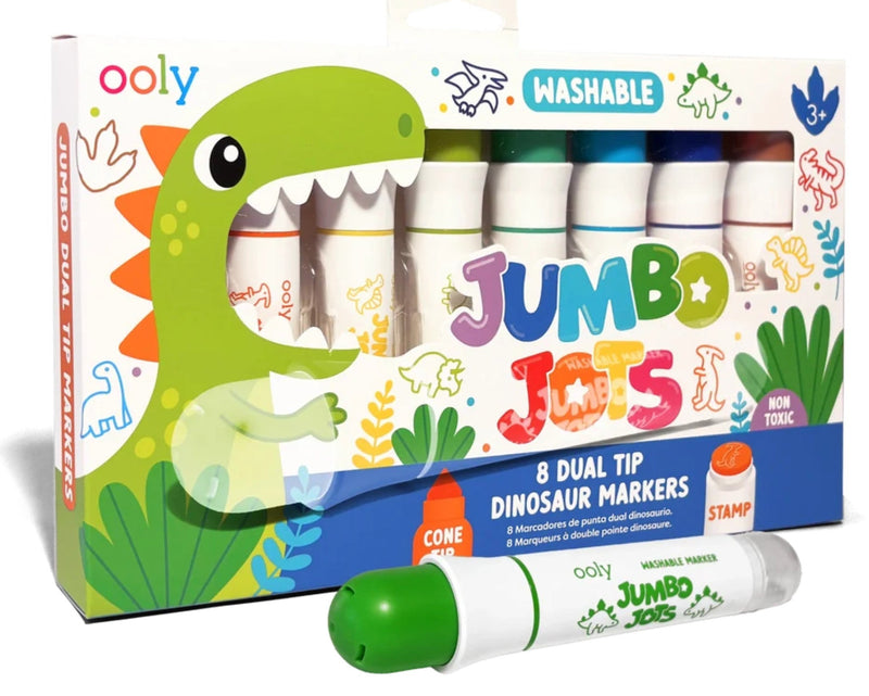 Retail box for OOLY Jumbo Jots dual tip markers in 8 different colors.  There is a green dinosaur on the package and a green marker in front of the box on a white background.