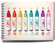 A spiral-bound notebook or sketchbook showing eight colorful 'Scoot Paint' markers printed on the cover, each with a different color and corresponding painted swirl or animal-like shapes below it.