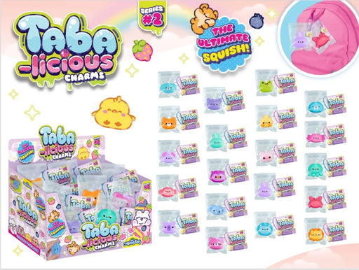 A retail display box and individual packs of Taba Licious Quirky Series 2 squishy charms, featuring a variety of colorful pastel characters on a decorated white background with promotional text and graphics.