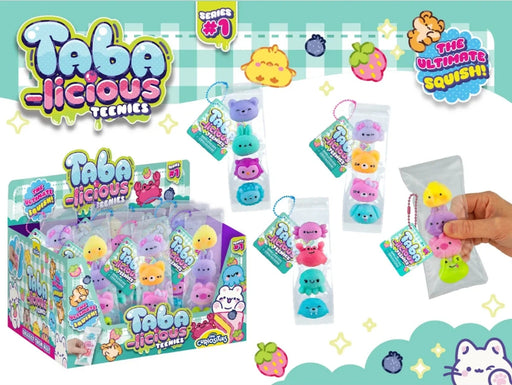 Taba Licious Teenies Series #1 toy packaging display with multiple small colorful squishy figures in clear bags, a hand holding one bag, and decorative branding graphics on a white background.