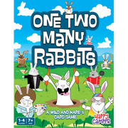 One Two Many Rabbits card game box cover featuring cartoon rabbits on green field