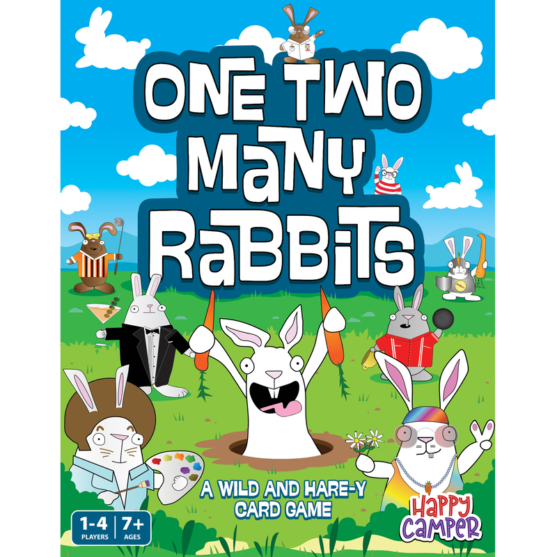 One Two Many Rabbits card game box cover featuring cartoon rabbits on green field