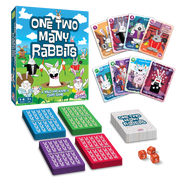 One Two Many Rabbits card game box and contents showing colorful rabbit cards and dice.