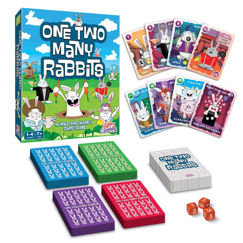 One Two Many Rabbits card game box and contents showing colorful rabbit cards and dice.