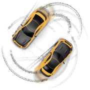 Two yellow and black sports cars shown from a top-down angle, drifting in circular motion with gray tire marks on a white background.