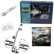Space Shuttle Discovery educational toy set including a white space shuttle model, two white controllers, a blue retail box, and a booklet cover on a plain white background.