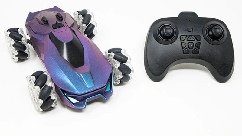 A remote-controlled futuristic toy car with a purple and blue metallic finish, shown alongside its black wireless remote control on a plain white background.