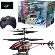 The WhizzCopter from Odyssey helicopter with remote control and packaging on a white background. Also show the remote control and close-up of helicopter.