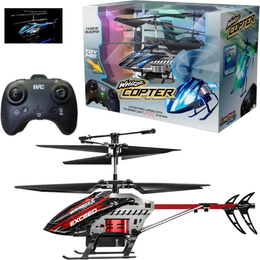 The WhizzCopter from Odyssey helicopter with remote control and packaging on a white background. Also show the remote control and close-up of helicopter.