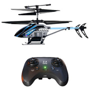 A remote control toy helicopter with a black, gray, and blue body, shown above its matching black wireless remote control on a plain white background.